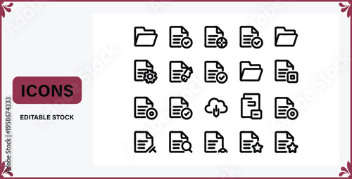 Editable stock icons of documents and files with various actions on white background with red border  office work symbols