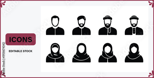 Set of eight black and white human profile icons inaredborder group of people with different heads carvesandhats