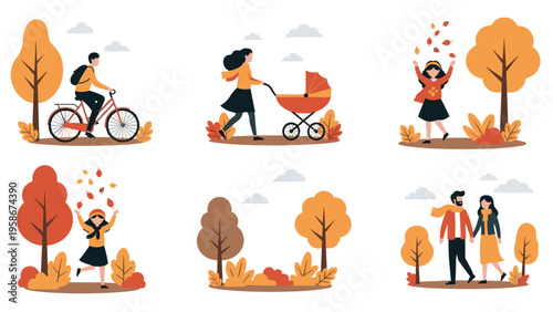 Various scenes of people enjoying the autumn season in a park with falling orange leaves, cycling, and walking with strollers.