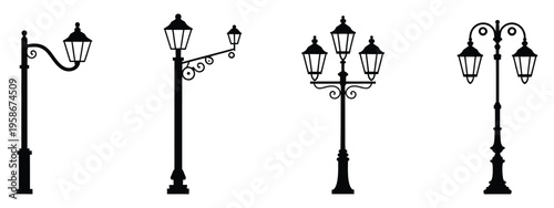 Vintage street lamp silhouettes collection, featuring ornate classic lamppost designs, decorative urban lighting styles, and traditional outdoor streetlight