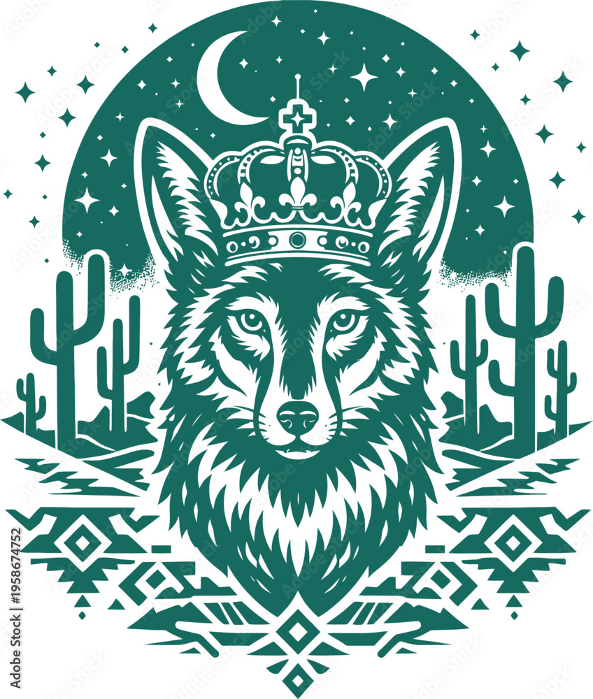 Fototapeta premium Royal Coyote Crown Night Sky Aztec Vector