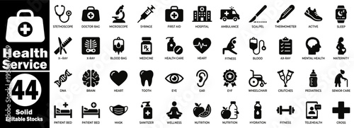 Health service solid icons, modern medical care symbols for hospital, ambulance, doctor, patient care, emergency, and wellness concept vector illustration.