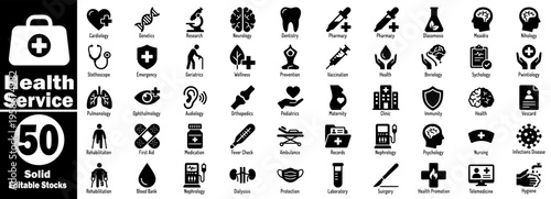 Health service solid icons, modern medical care symbols for hospital, ambulance, doctor, patient care, emergency, and wellness concept vector illustration.