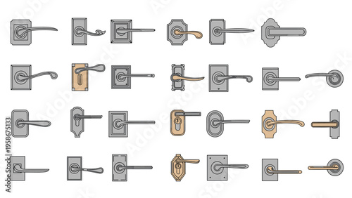 Comprehensive grid of various metal door handle and lock designs in different styles for home interior and architectural planning.