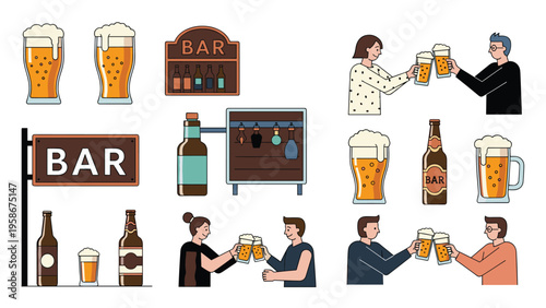 Fun collection of bar and pub elements including beer mugs, bottles, signs, and people toasting their glasses in a social setting.
