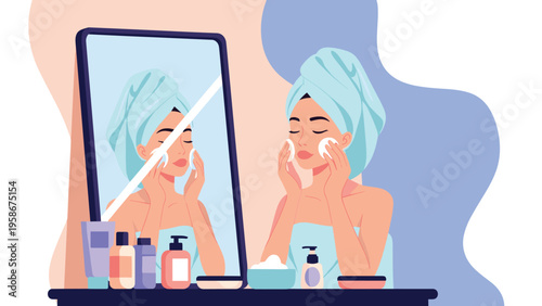 Young woman maintains her morning beauty routine by cleansing her face with cotton pads while looking into a bathroom mirror.