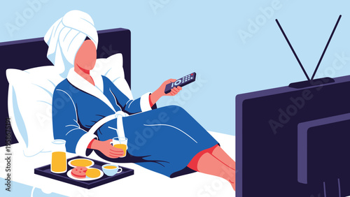Person wearing a blue bathrobe and white hair towel relaxes in bed while eating breakfast and watching television programs.