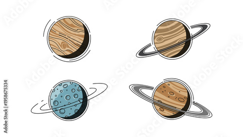 Minimalist line art sketches of different planets with rings from our solar system representing the beauty and mystery of space.