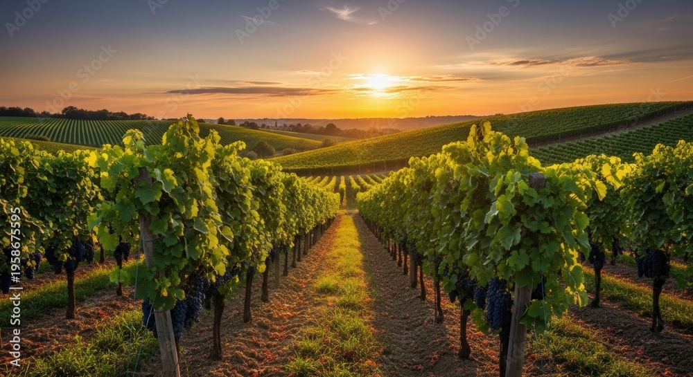 Naklejka premium Sunset Over Lush Vineyard Rows Creating a Serene Landscape Scene