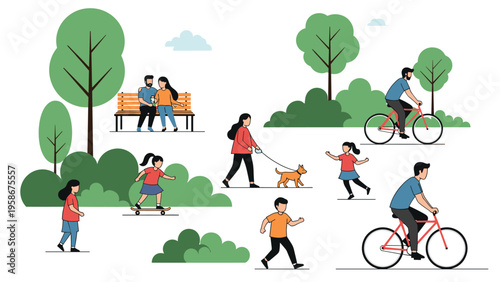 Diverse group of people enjoying various outdoor activities in a sunny public park with green trees, bushes, and a blue sky.