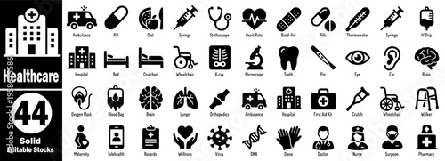 Healthcare solid icons, modern medical care symbols for hospital, ambulance, doctor, patient care, emergency, and wellness concept vector illustration.