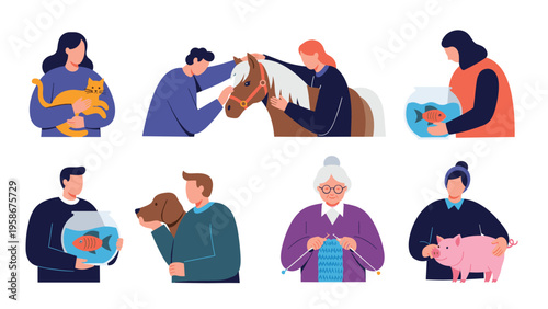 Kind people of different ages interacting with and caring for various animals including cats, horses, fish, and a friendly piglet.