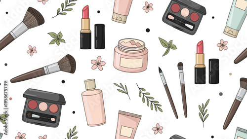 Seamless pattern design featuring various cosmetic and beauty products including lipsticks, brushes, and skincare creams.
