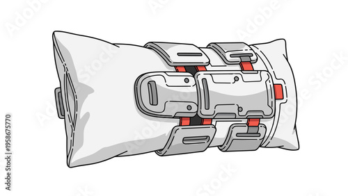 Orthopedic wrist or arm brace placed on a white pillow illustrating recovery and support after a medical injury.