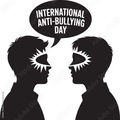 Two silhouettes face each other with international anti bullying day in a speech bubble above them