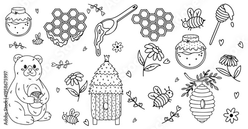 Lovely outline honey set with cheering teddy bear, wooden spoon with flowing nectar, hives, honeycomb. Kids hand drawn sketch doodle collection 