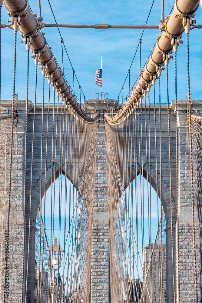 Obraz premium Suspension cables and pedestrian walkway on the Brooklyn Bridge in New York City, USA