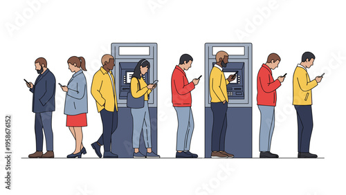 Long queue of people standing in line at an outdoor automated teller machine while busy checking their smartphones for information.