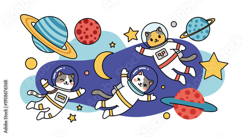 Cute astronaut cats floating in outer space surrounded by colorful planets, bright stars, and a crescent moon in a whimsical cartoon style.