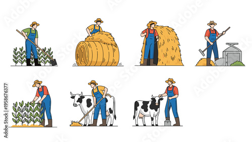 Set of diverse farmers performing various agricultural activities such as harvesting crops, stacking hay bales, and caring for farm animals.
