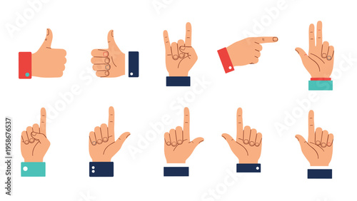 Collection of diverse human hand gestures including thumbs up, pointing fingers, and counting signals isolated against a clean white background.