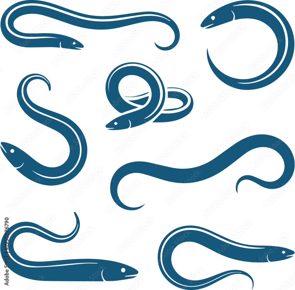 Фотография Minimalist eel icons collection, sleek aquatic predator vector set