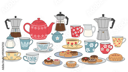 Extensive collection of charming tea and coffee pots, colorful ceramic mugs, and delicious cookies arranged in a delightful flat lay illustration.