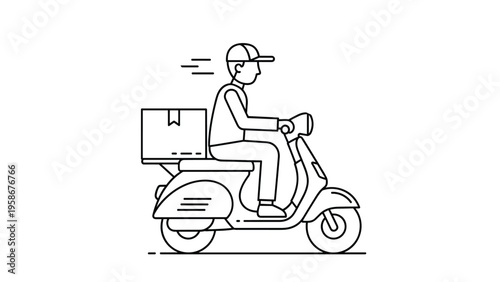 Minimalist line art illustration of a delivery man riding a motor scooter with a large package box attached to the back.