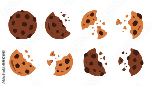 Various chocolate chip cookies and broken cookie pieces with crumbs are displayed in different shades of brown on a white background.