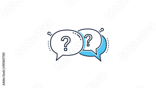 Pair of overlapping speech bubbles containing question marks representing a conversation, inquiry, help desk, or frequently asked questions.