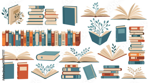 Large collection of books in various states like stacked, open with plants growing out, and lined up on a shelf in muted colors.