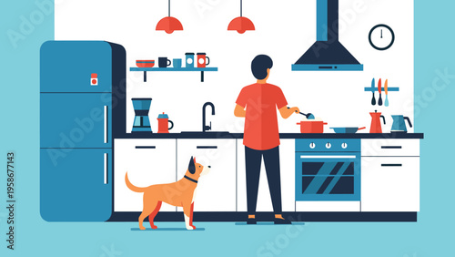 Man in a red shirt cooking at a stove in a modern kitchen while his loyal dog waits patiently beside him in a flat vector illustration.