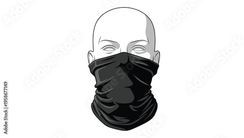 Close up of a white mannequin head wearing a protective black neck gaiter or fabric face mask suitable for outdoors, sports, or safety.
