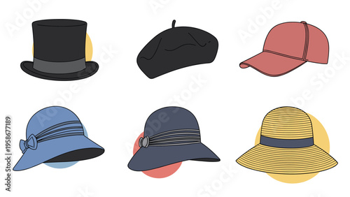 Set of different types of hats including a top hat, beret, baseball cap, and various sun hats for different occasions.