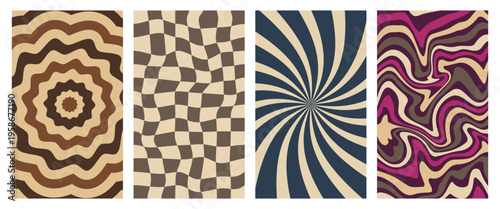 Set of retro psychedelic backgrounds with wavy lines and distorted patterns for vintage poster design