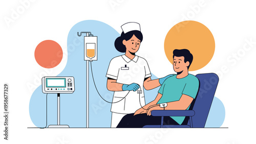 Medical scene featuring a nurse attending to a male patient sitting in a chair receiving an intravenous drip in a hospital setting.