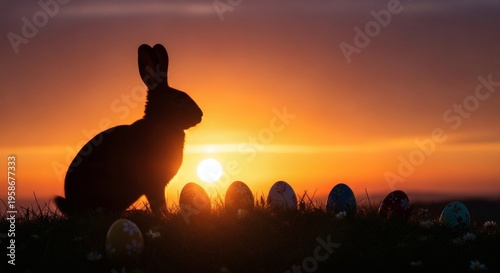 Easter bunny silhouette at sunset with colorful eggs