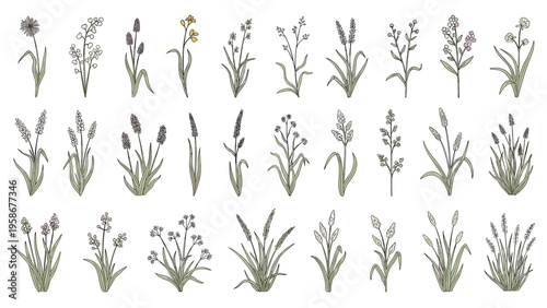 Large collection of hand-drawn sketches featuring various types of wild grasses and delicate field flowers in a set.