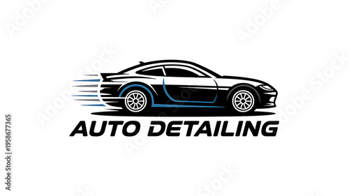 Auto detailing service logo with speeding car and blue accents on white