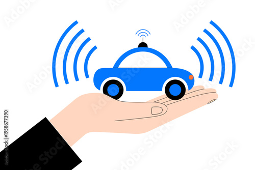 Hand holding blue autonomous car with wireless signal technology
