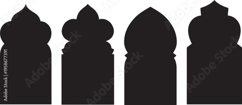 Set of four distinct black silhouette vector graphic illustrations depicting traditional Islamic or Moorish architectural arch window designs
