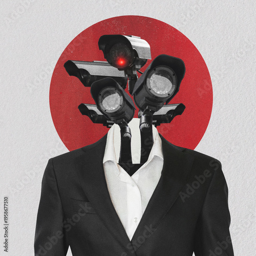 Photos Abstract collage illustration of human body with security cameras as a head representing constant surveillance and lack of privacy