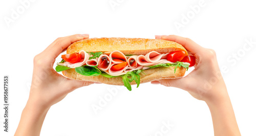 Obraz na plátně Ham sandwich with tomato and arugula held in hands isolated background, fresh de
