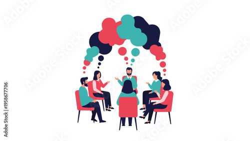 Diverse group of people sitting in a circle during a therapy session or community support meeting with speech bubbles.