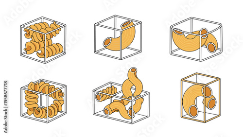 Six transparent wireframe cubes each containing different types of pasta like fusilli and macaroni in various golden yellow tones.