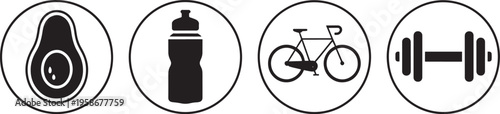 Four distinct vector graphic illustrations showcasing essential elements of a balanced healthy lifestyle, featuring an avocado, water bottle, bicycle, and dumbbell design.