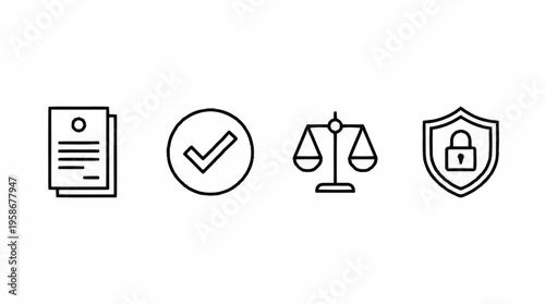 A document with a checkmark, scales, and a shield with a lock are shown.