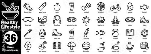 Healthy lifestyle icon pack. 36 liner editable stock symbols for wellness and fitness apps, web design vector illustration.