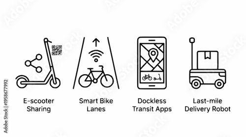 Smart city transportation with e-scooter sharing, smart bike lanes, dockless transit apps, and last-mile delivery robots.