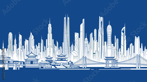 Intricate white line art silhouette of a futuristic city skyline with skyscrapers and bridges set against a solid dark blue background.